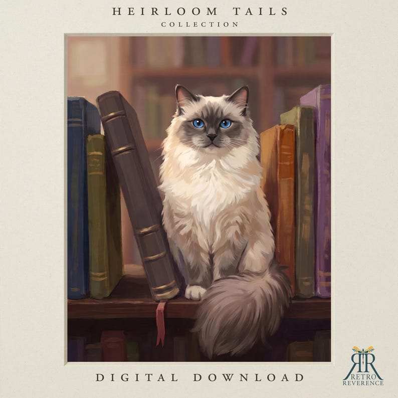 May include: A digital illustration titled HEIRLOOM TAILS COLLECTION featuring a fluffy cream and grey cat with bright blue eyes sitting on a shelf between several upright hardcover books. The text DIGITAL DOWNLOAD appears at the bottom.