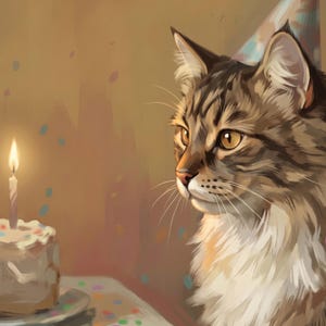 Personalized Cat Portrait from Photo, Cat in a Party Hat Print, Birthday Illustration, Fun Wall Art, Cake Art, Art Print or Canvas image 1