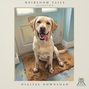 May include: A digital illustration of a yellow Labrador Retriever sitting on a brown doormat with muddy paw prints. The dog has its tongue out and is positioned in front of a light blue door. Text reads HEIRLOOM TAILS COLLECTION and DIGITAL DOWNLOAD.