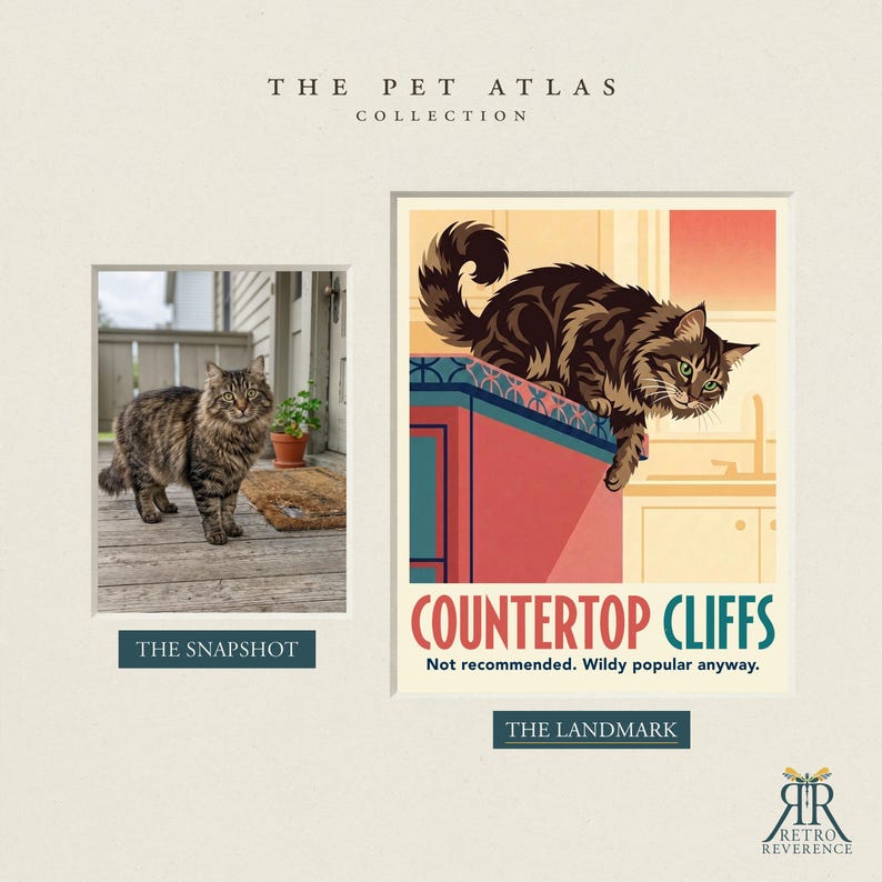 May include: A print titled The Pet Atlas Collection featuring a photograph of a brown tabby cat on a porch labeled The Snapshot and an illustration of the same cat on a kitchen counter labeled The Landmark, Countertop Cliffs.