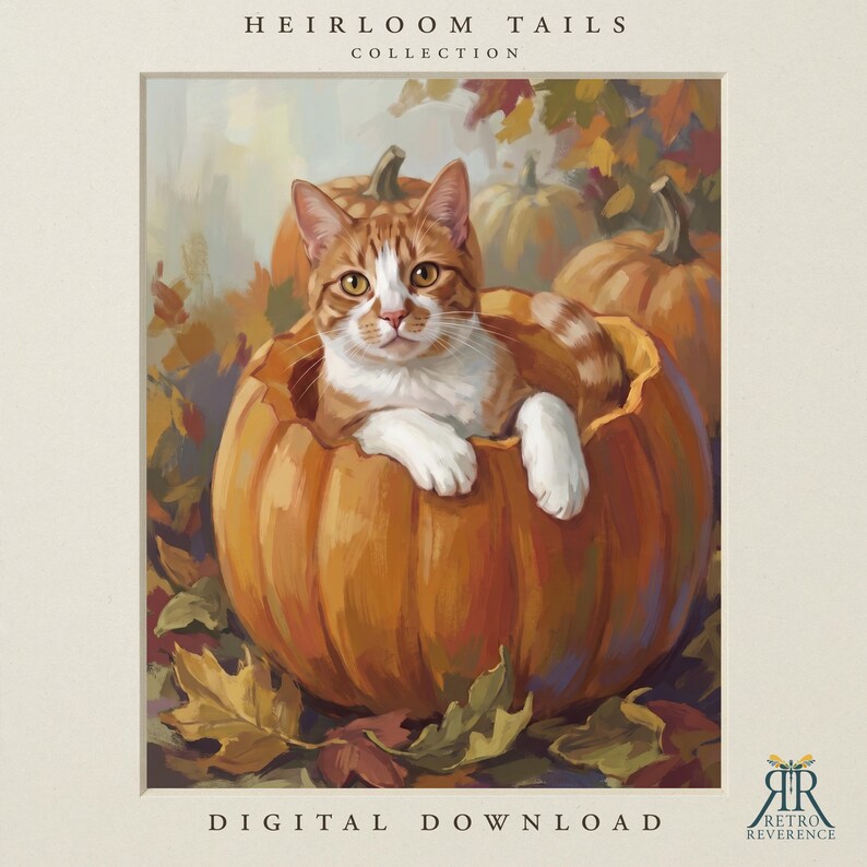 Puede incluir: Un gato atigrado naranja y blanco sentado dentro de una calabaza naranja grande y hueca. La escena muestra hojas de oto&ntilde;o y calabazas adicionales al fondo. El texto en la parte superior dice HEIRLOOM TAILS COLLECTION y DIGITAL DOWNLOAD abajo.