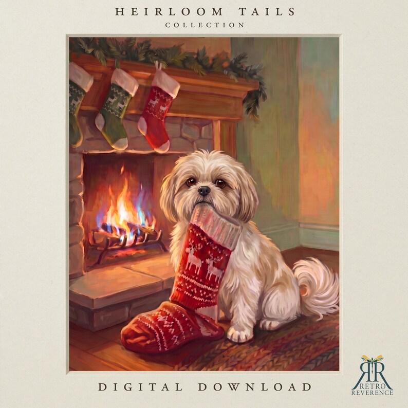 May include: A digital print titled HEIRLOOM TAILS COLLECTION featuring a fluffy white dog sitting in front of a fireplace, holding a red and white patterned Christmas stocking in its mouth, with two other stockings hanging on the mantel.