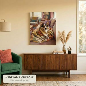 Custom dog portrait of a dog wrapped in a blanket on the couch, hung on a wall in a living room, shown as a digital file you print yourself