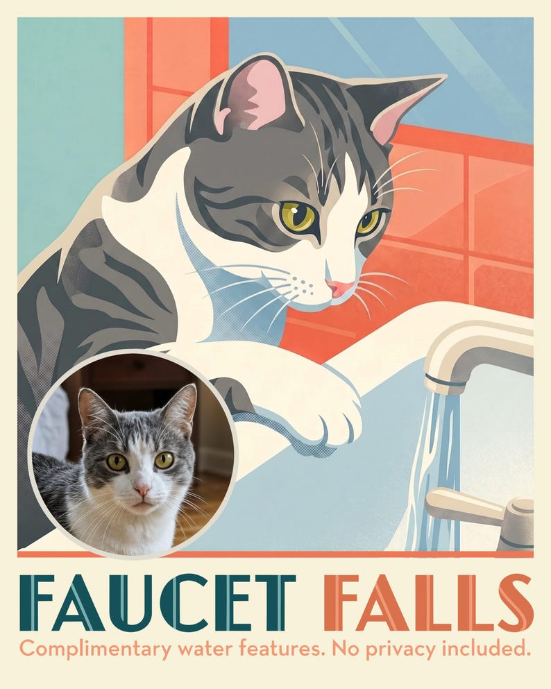 Pastel Personalized Cat Portrait from Your Photo, Sink Faucet Vintage Travel Poster Art Digital Download
