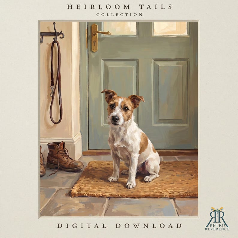 May include: A digital print titled HEIRLOOM TAILS COLLECTION featuring a white and brown terrier dog sitting on a tan mat before a sage green door. A brown leather leash hangs on a wall hook next to a brown leather boot. Text reads DIGITAL DOWNLOAD.