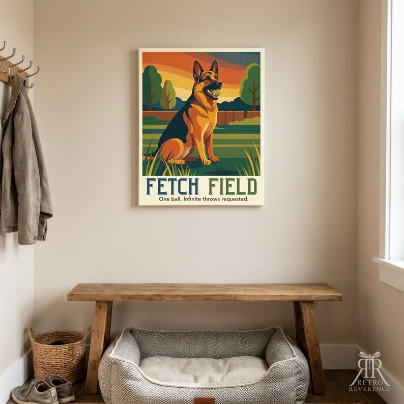 May include: A rectangular wall poster featuring a German Shepherd sitting in a grassy field with a ball in its mouth. The text reads FETCH FIELD and One ball. Infinite throws requested. The art uses orange, green, and blue tones.