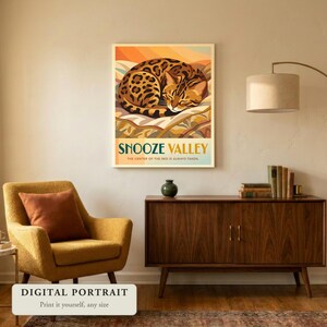 Custom cat portrait in a retro travel poster style, a cat asleep in the middle of the bed, hung on a wall in a living room, shown as a digital file you print yourself