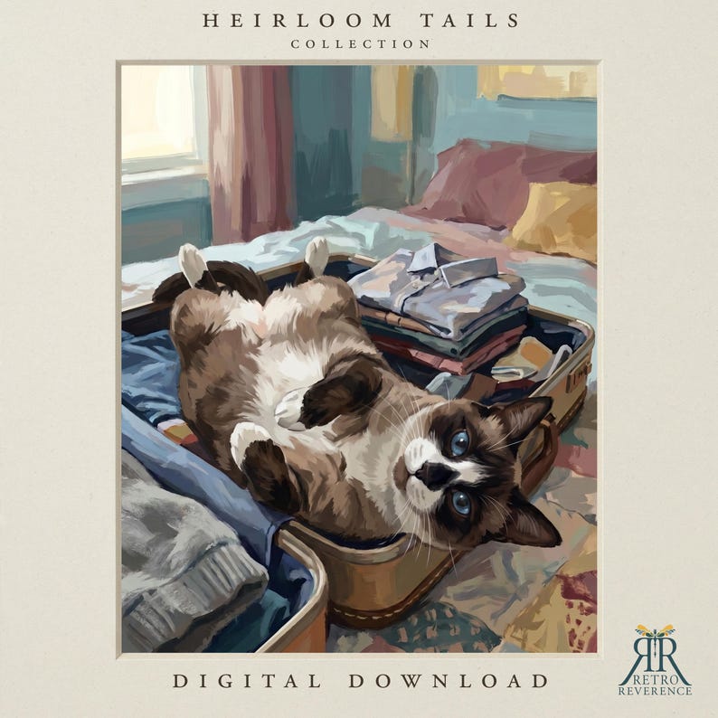May include: A digital illustration titled Heirloom Tails Collection featuring a brown and white cat with blue eyes lying on its back inside an open suitcase filled with folded clothing. The cat has dark brown ears and a dark face mask.