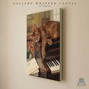 May include: A gallery wrapped canvas with a 1.5 inch depth featuring a brown cat resting on a dark wooden piano. Beside the piano sits a small vase with orange flowers and a stack of sheet music. The text reads Gallery Wrapped Canvas.