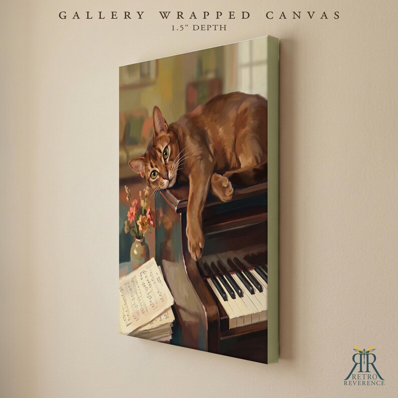 May include: A gallery wrapped canvas with a 1.5 inch depth featuring a brown cat resting on a dark wooden piano. Beside the piano sits a small vase with orange flowers and a stack of sheet music. The text reads Gallery Wrapped Canvas.