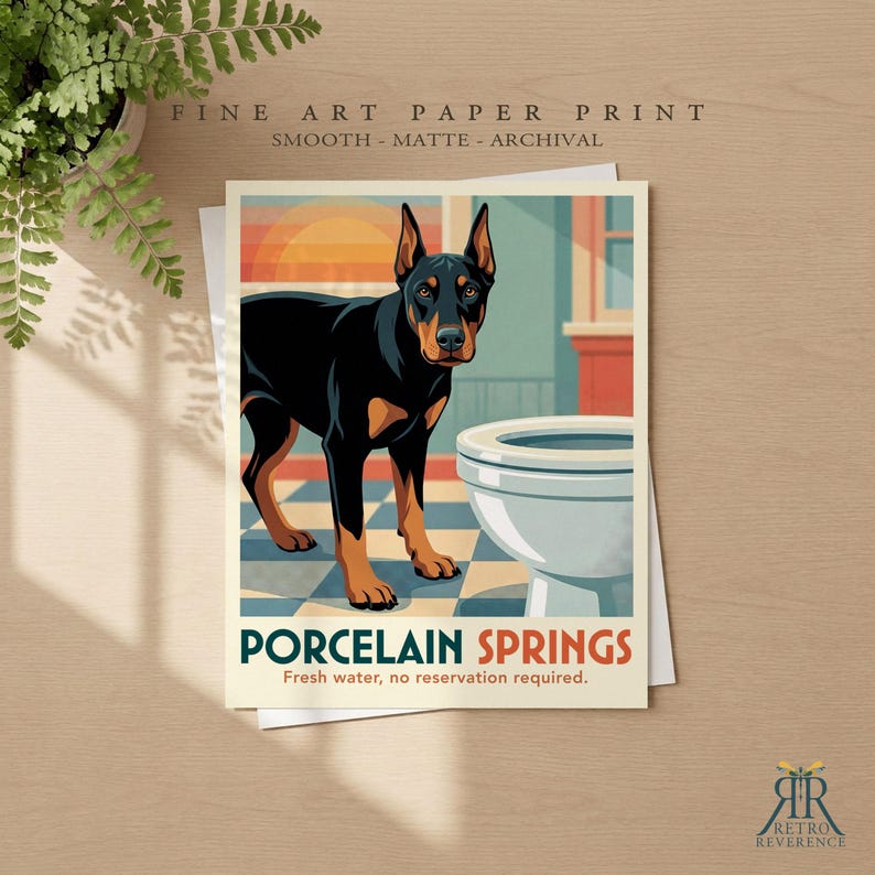May include: A fine art paper print featuring a black and tan Doberman standing next to a white toilet on a checkered floor. The text reads PORCELAIN SPRINGS and Fresh water, no reservation required. The print is smooth, matte, and archival.