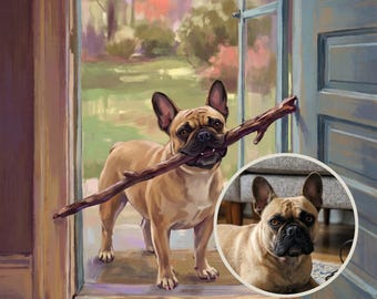 May include: A digital painting of a fawn French Bulldog standing in an open doorway holding a wooden stick in its mouth. A circular inset shows a photographic portrait of the same fawn French Bulldog looking directly at the viewer.