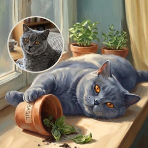 Smug Custom Cat Portrait from Your Photo, Painterly Windowsill Art Digital Download