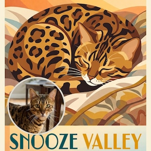 Serene Custom Cat Portrait from Your Photo, Golden Hour Snooze Vintage Travel Poster Art Digital Download