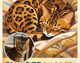 Custom Cat Portrait from Photo, Cat Asleep in the Middle of the Bed Illustration, Travel Poster Digital Download, Printable Wall Art