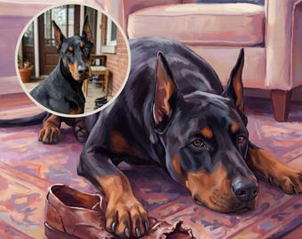 Custom Dog Portrait from Photo, Dog Caught with a Chewed Shoe, Dog Artwork, Funny Dog Art, Living Room Prints, Art Print or Canvas