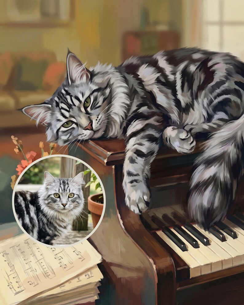 Custom Cat Portrait from Photo, Piano Cat Art, Music Room Wall Art, Vintage Style Cat Illustration Digital Download