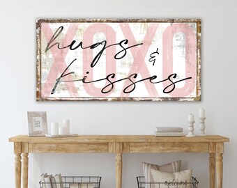 Vintage Valentine's Day Decor XOXO Hugs & Kisses Sign Black White Love Art Modern Farmhouse Canvas Print Shabby Romantic Gifts for Lovers