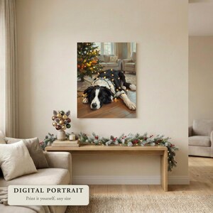 Custom dog portrait of a dog wrapped in Christmas lights, hung on a wall in a living room decorated for Christmas, shown as a digital file you print yourself