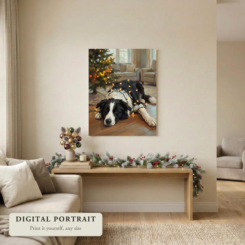Custom dog portrait of a dog wrapped in Christmas lights, hung on a wall in a living room decorated for Christmas, shown as a digital file you print yourself
