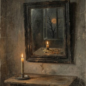 Full Moon and Candle Wall Art, Moody Vintage Style Halloween Decor, Antique Reflection Art Print or Canvas