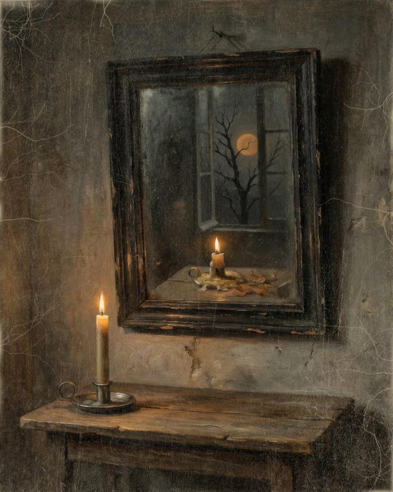 Full Moon and Candle Wall Art, Moody Vintage Style Halloween Decor, Antique Reflection Art Print or Canvas