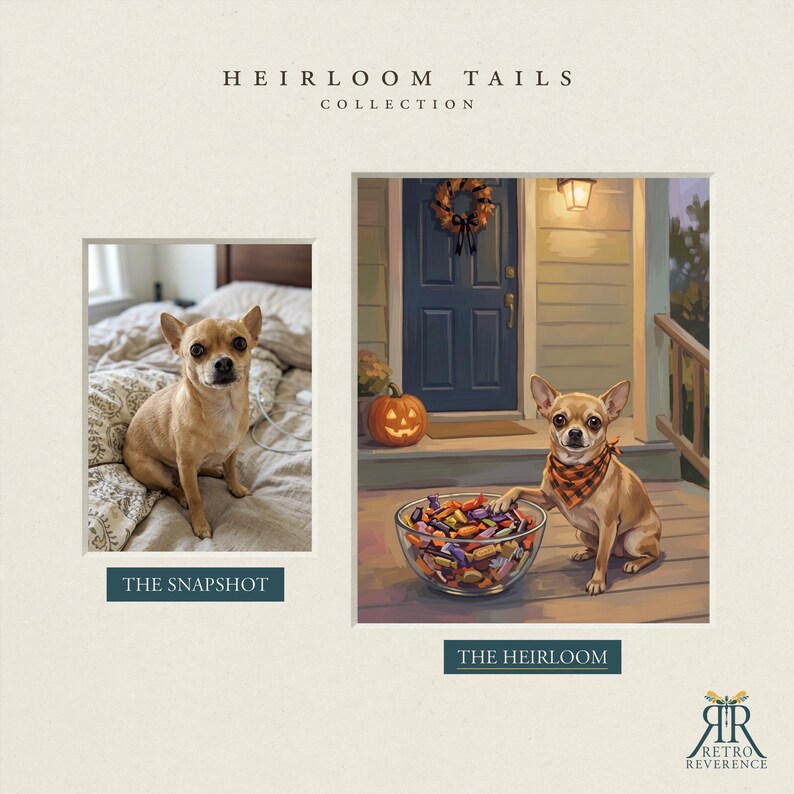 May include: A side-by-side comparison featuring a tan Chihuahua sitting on a bed labeled THE SNAPSHOT and an illustrated version of the same dog wearing an orange plaid bandana next to a bowl of candy on a porch labeled THE HEIRLOOM.