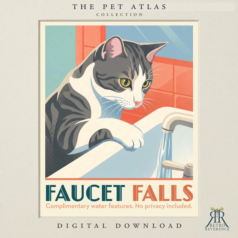 Op de afbeelding: Een digitale print getiteld The Pet Atlas Collection: Faucet Falls. Het toont een grijs-witte kat die naar een lopende kraan kijkt. De tekst luidt Faucet Falls, Complimentary water features. No privacy included. Digital Download.
