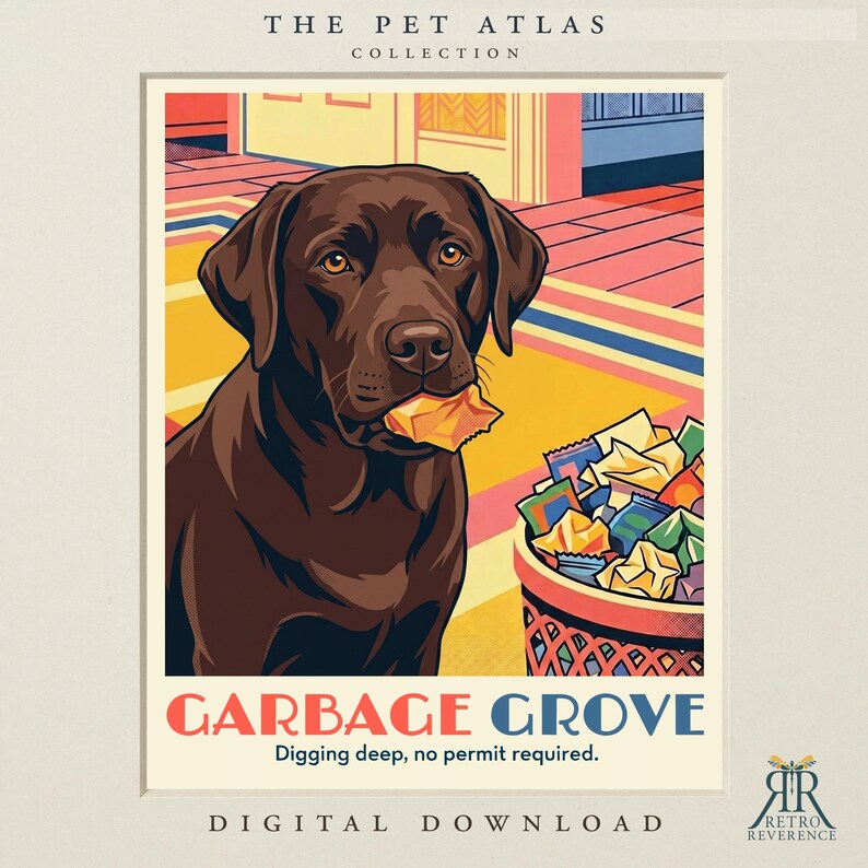 May include: A digital art print titled The Pet Atlas Collection Garbage Grove featuring a brown Labrador retriever holding a piece of trash in its mouth next to a full wastebasket. The text reads Garbage Grove Digging deep, no permit required.