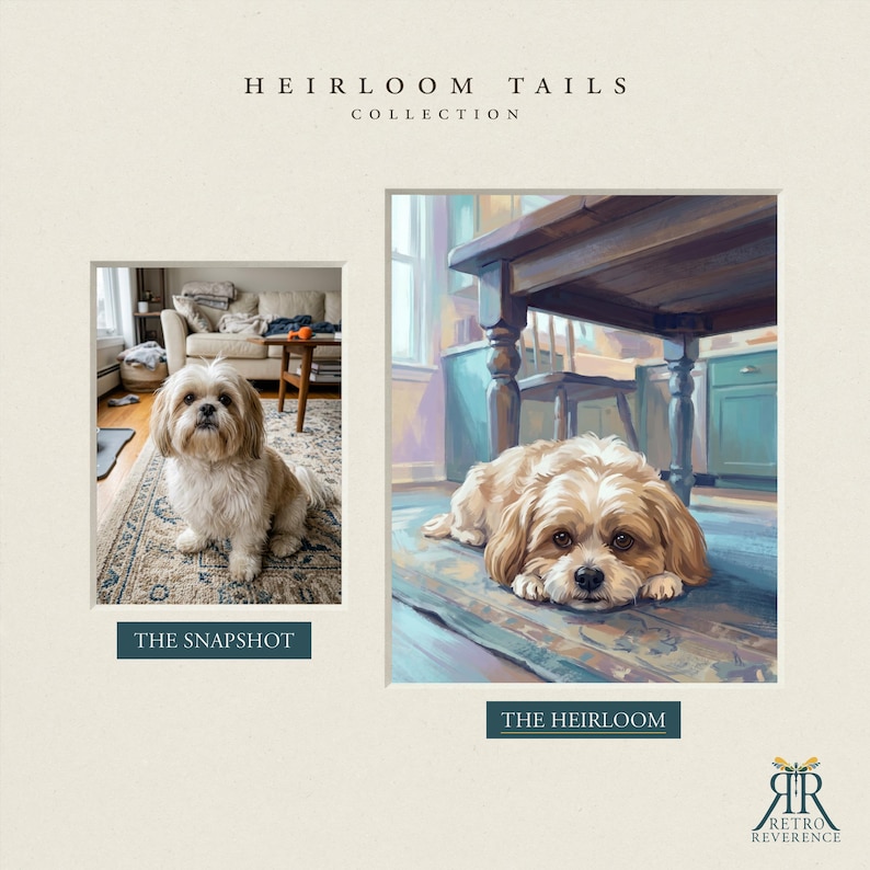 May include: A custom pet portrait display titled Heirloom Tails Collection. It features a photograph labeled The Snapshot of a light brown and white Shih Tzu sitting on a rug, alongside a painted version labeled The Heirloom of the same dog.