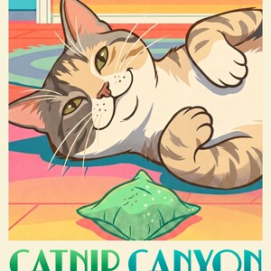 Custom Cat Portrait from Photo, Blissed Out Cat on the Rainbow Rug Illustration, Travel Poster Digital Download, Printable Wall Art image 2
