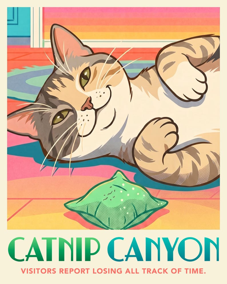 Custom Cat Portrait from Photo, Blissed Out Cat on the Rainbow Rug Illustration, Travel Poster Digital Download, Printable Wall Art image 2
