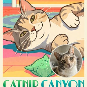 May include: A poster featuring a cartoon calico cat lying on a floor next to a green toy, with a circular inset photo of a real calico cat. The text reads CATNIP CANYON and VISITORS REPORT LOSING ALL TRACK OF TIME in bold lettering.