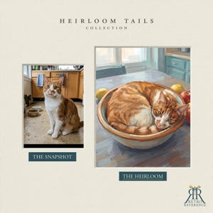 May include: A side-by-side comparison titled HEIRLOOM TAILS COLLECTION. On the left, a photograph labeled THE SNAPSHOT shows an orange and white cat sitting on a kitchen floor. On the right, a painting labeled THE HEIRLOOM depicts the same cat curled inside a bowl.