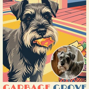 Scrappy Custom Dog Portrait from Your Photo, Garbage Day Curbside Retro Travel Poster Art Digital Download