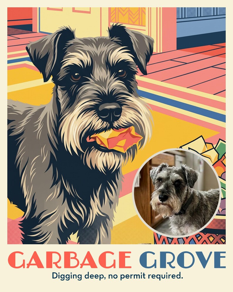 Scrappy Custom Dog Portrait from Your Photo, Garbage Day Curbside Retro Travel Poster Art Digital Download