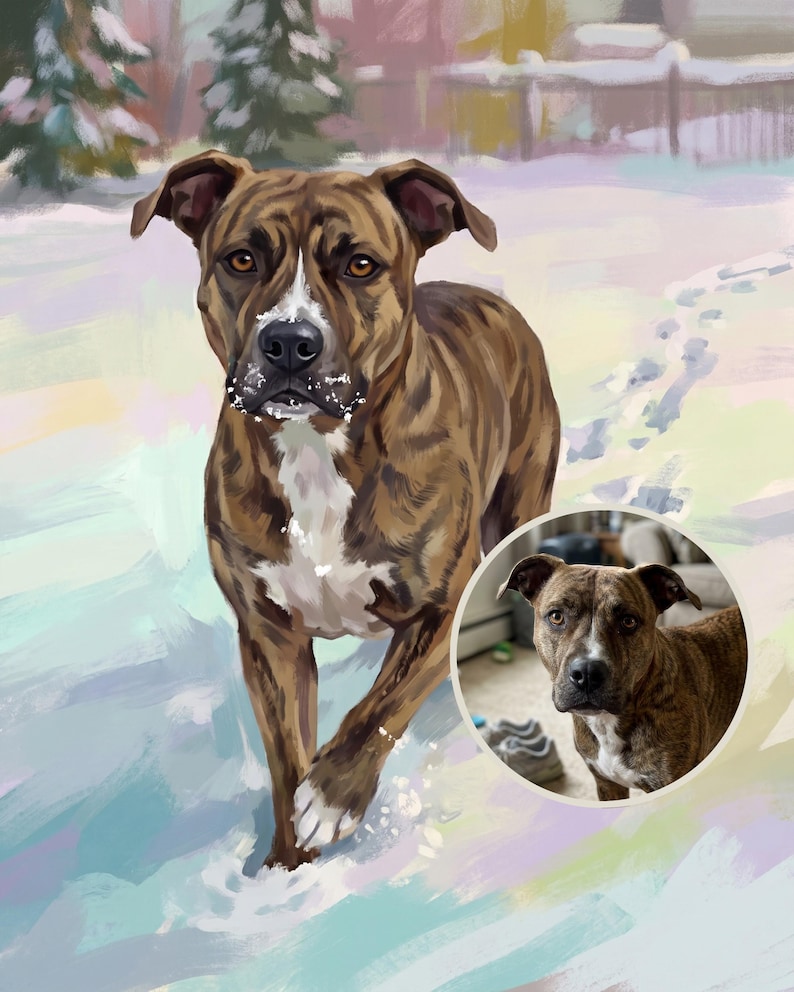 Custom Dog Portrait from Photo, Winter Dog Portrait, Dog in Snow Art, Vintage Style Dog Illustration Digital Download