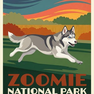 Custom Dog Portrait from Photo, Dog Sprinting Across the Lawn Illustration, Retro Travel Poster Digital Download, Printable Wall Art image 2