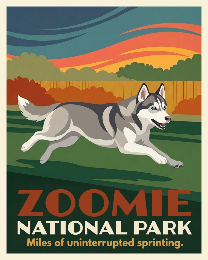 Custom Dog Portrait from Photo, Dog Sprinting Across the Lawn Illustration, Retro Travel Poster Digital Download, Printable Wall Art image 2