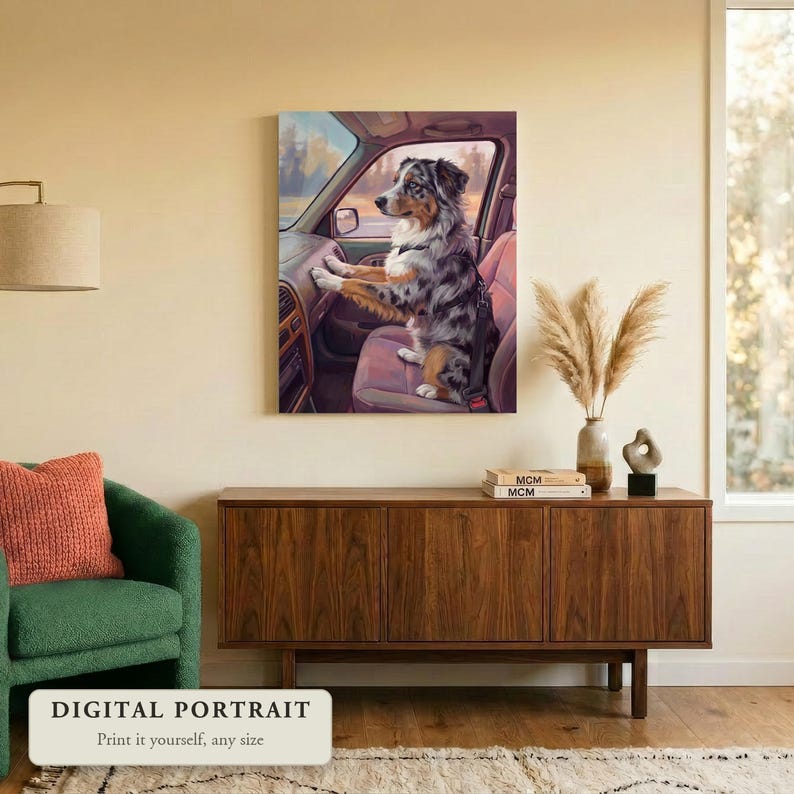 Custom dog portrait of a dog riding in the passenger seat, hung on a wall in a living room, shown as a digital file you print yourself