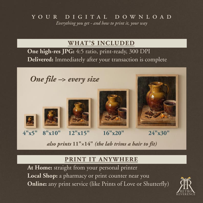 May include: A digital download information graphic featuring text and five framed images of a brown ceramic pitcher and mug on a wooden board. Sizes listed include 4x5, 8x10, 12x15, 16x20, 24x30 inches, and 11x14 inches. The text includes 'Your Digital Download', 'What's Included', and 'Print It Anywhere'.