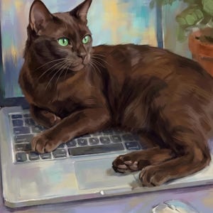 Personalized Cat Portrait from Photo, Funny Cat Artwork, Cat on Laptop Print, Home Office Art, Desk Art, Study Decor, Art Print or Canvas image 2