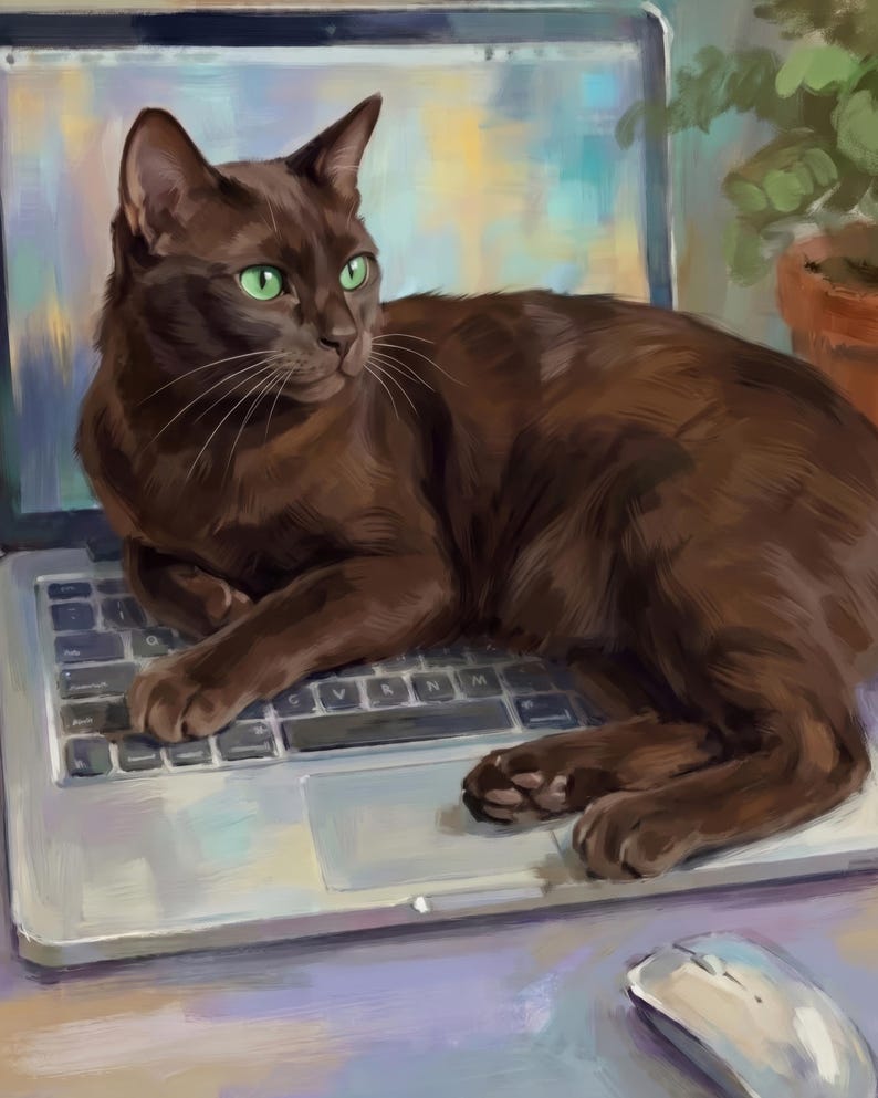 Personalized Cat Portrait from Photo, Funny Cat Artwork, Cat on Laptop Print, Home Office Art, Desk Art, Study Decor, Art Print or Canvas image 2