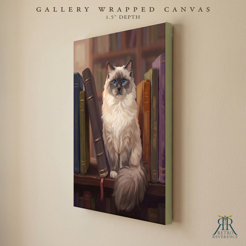 May include: A gallery wrapped canvas with a 1.5 inch depth featuring a digital illustration of a long-haired cat with blue eyes sitting on a wooden shelf among several upright books. The text GALLERY WRAPPED CANVAS 1.5" DEPTH is visible.