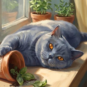 May include: A digital painting of a grey cat with bright orange eyes lying on a windowsill. The cat has knocked over a small terracotta pot, spilling soil and green leaves onto the surface. Two other potted plants sit in the background.