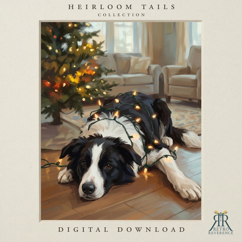Op de afbeelding: Een digitale print getiteld Heirloom Tails Collection met een zwart-witte Border Collie die op een houten vloer ligt, omwikkeld met een lichtsnoer bij een kerstboom, inclusief de tekst Digital Download.
