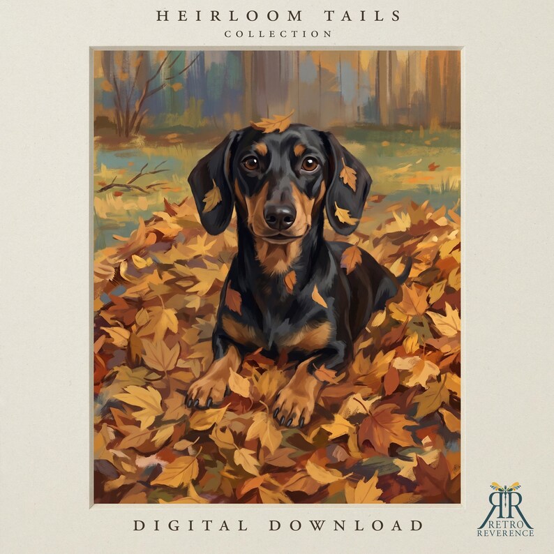May include: A digital print titled Heirloom Tails Collection featuring a black and tan dachshund sitting in a pile of fallen autumn leaves. The dog has brown eyes and is surrounded by orange and yellow foliage. Text reads Digital Download.