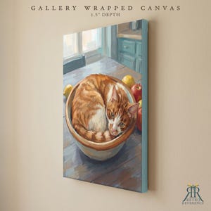Personalized Cat Portrait from Photo, Cat Napping in a Fruit Bowl, Farmhouse Kitchen Wall Art, Animal Artwork, Art Print or Canvas image 3