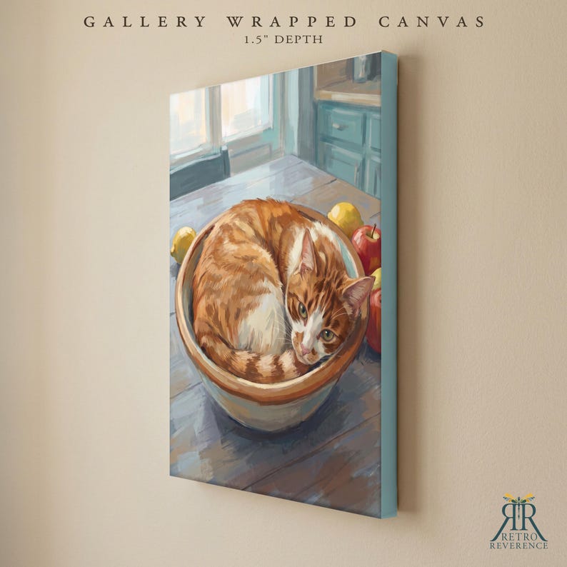 Personalized Cat Portrait from Photo, Cat Napping in a Fruit Bowl, Farmhouse Kitchen Wall Art, Animal Artwork, Art Print or Canvas image 3