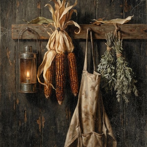 Corn Husks and Apron Wall Art, Moody Vintage Thanksgiving Decor, Candlelit Fall Homestead, Art Print or Canvas